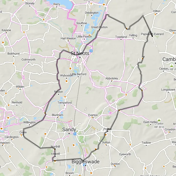 Map miniature of "Gransden and Beyond" cycling inspiration in East Anglia, United Kingdom. Generated by Tarmacs.app cycling route planner