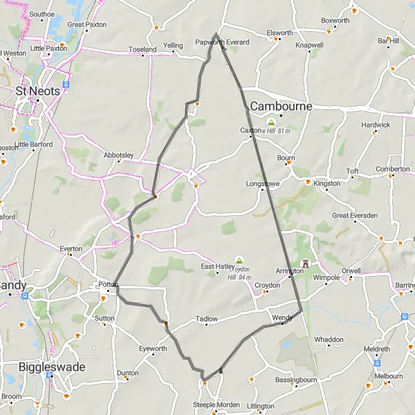 Map miniature of "Cambridgeshire Scenic Road Loop" cycling inspiration in East Anglia, United Kingdom. Generated by Tarmacs.app cycling route planner