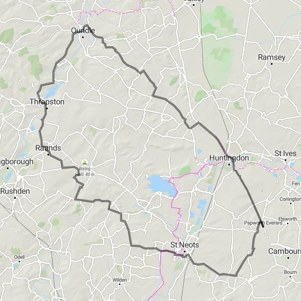 Map miniature of "The Challenging Circuit" cycling inspiration in East Anglia, United Kingdom. Generated by Tarmacs.app cycling route planner