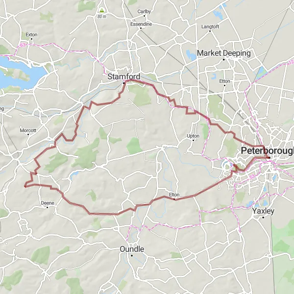 Map miniature of "Ketton and Stamford Gravel Adventure" cycling inspiration in East Anglia, United Kingdom. Generated by Tarmacs.app cycling route planner