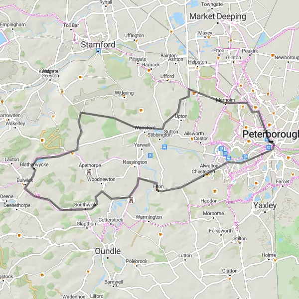 Map miniature of "Roads and Villages" cycling inspiration in East Anglia, United Kingdom. Generated by Tarmacs.app cycling route planner