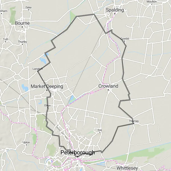 Map miniature of "Market Deeping Loop" cycling inspiration in East Anglia, United Kingdom. Generated by Tarmacs.app cycling route planner