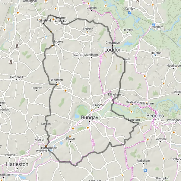 Map miniature of "Poringland to Loddon Loop" cycling inspiration in East Anglia, United Kingdom. Generated by Tarmacs.app cycling route planner