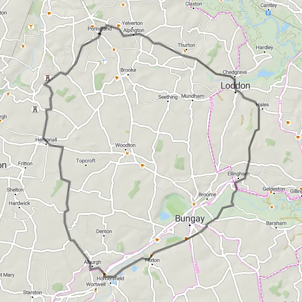Map miniature of "Exploring South Norfolk" cycling inspiration in East Anglia, United Kingdom. Generated by Tarmacs.app cycling route planner