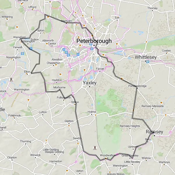 Map miniature of "Ramsey to Peterborough Loop" cycling inspiration in East Anglia, United Kingdom. Generated by Tarmacs.app cycling route planner