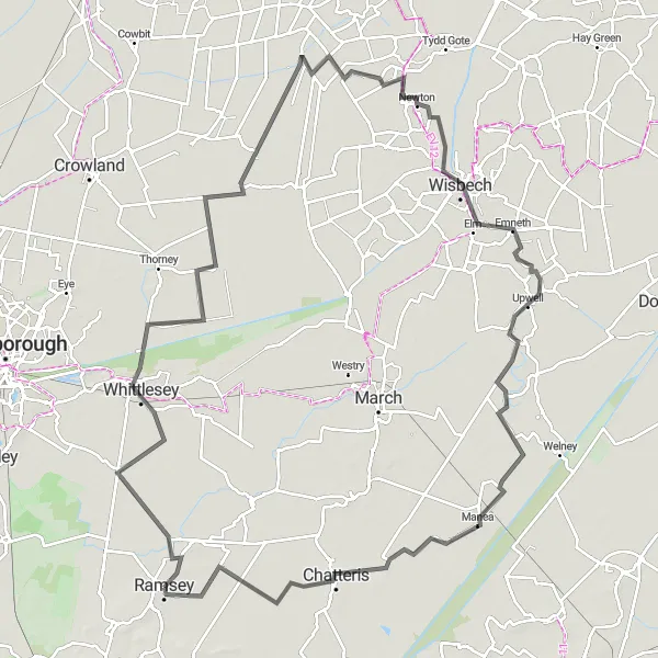 Map miniature of "The Whittlesey Loop" cycling inspiration in East Anglia, United Kingdom. Generated by Tarmacs.app cycling route planner