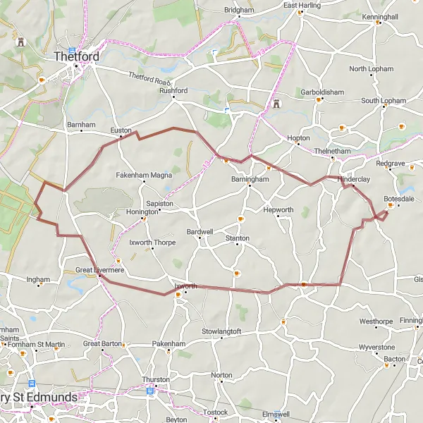 Map miniature of "The Walsham le Willows Loop" cycling inspiration in East Anglia, United Kingdom. Generated by Tarmacs.app cycling route planner