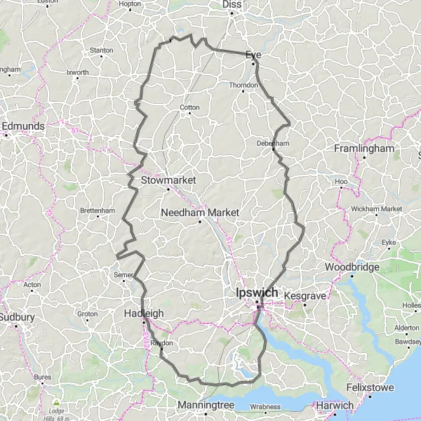 Map miniature of "The Suffolk Cycling Adventure" cycling inspiration in East Anglia, United Kingdom. Generated by Tarmacs.app cycling route planner