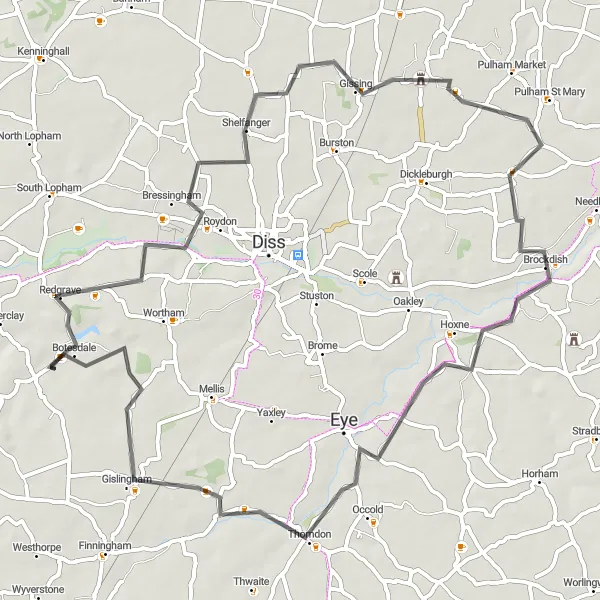 Map miniature of "Redgrave Exploration" cycling inspiration in East Anglia, United Kingdom. Generated by Tarmacs.app cycling route planner