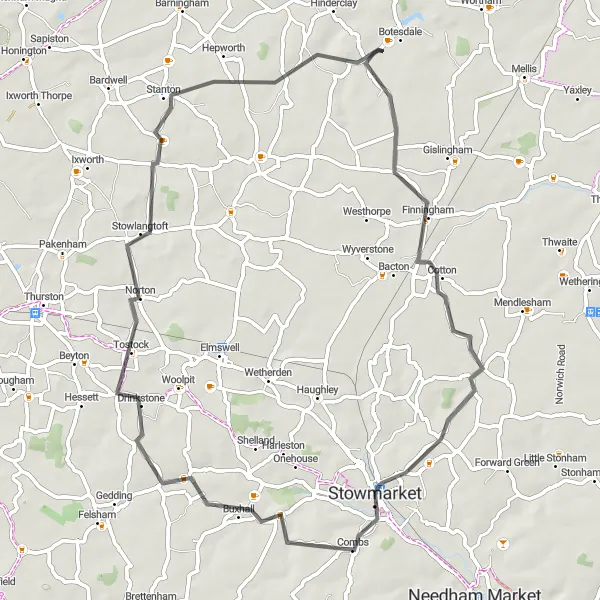 Map miniature of "The Finningham Tour" cycling inspiration in East Anglia, United Kingdom. Generated by Tarmacs.app cycling route planner