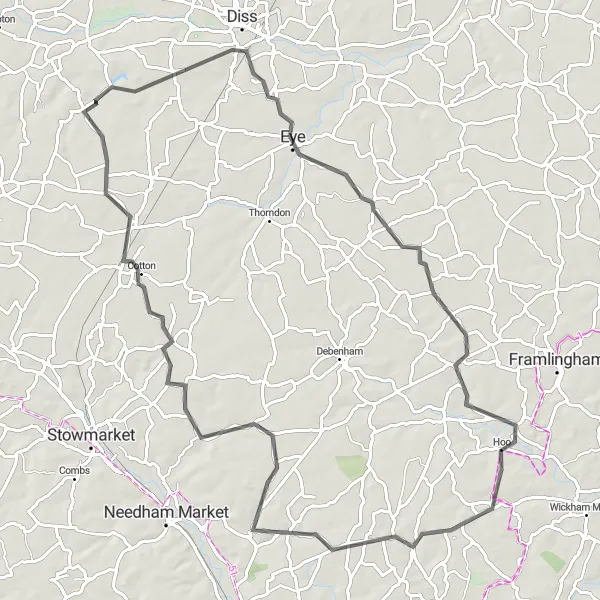 Map miniature of "The Suffolk Hill Challenge" cycling inspiration in East Anglia, United Kingdom. Generated by Tarmacs.app cycling route planner