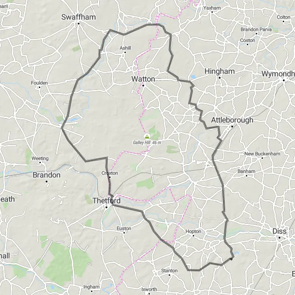 Map miniature of "Picturesque Barningham Loop" cycling inspiration in East Anglia, United Kingdom. Generated by Tarmacs.app cycling route planner