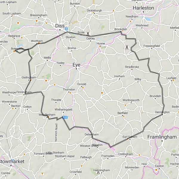 Map miniature of "Palgrave to Rickinghall Adventure" cycling inspiration in East Anglia, United Kingdom. Generated by Tarmacs.app cycling route planner