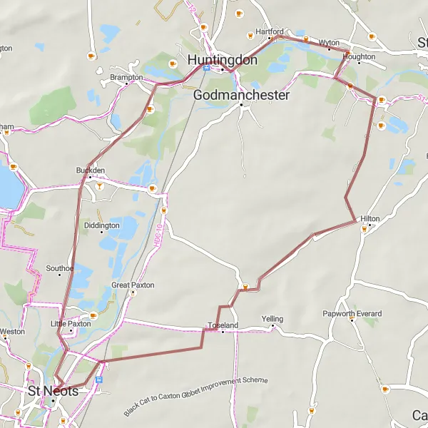 Map miniature of "Buckden Towers Gravel Loop" cycling inspiration in East Anglia, United Kingdom. Generated by Tarmacs.app cycling route planner