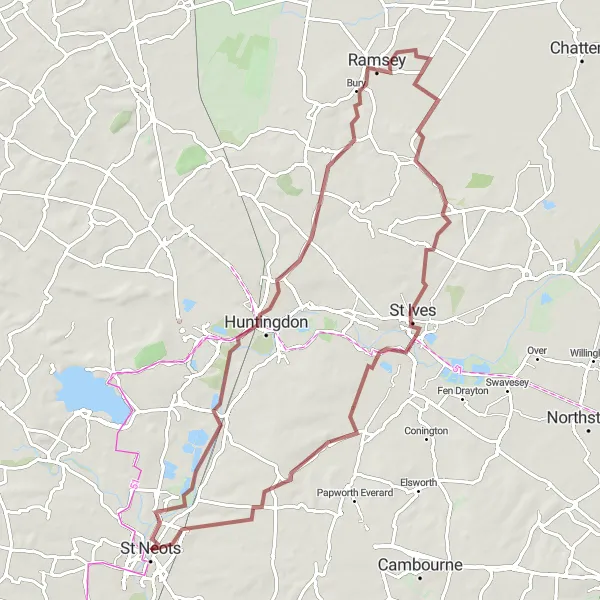 Map miniature of "Huntingdon and Ramsey Gravel Ride" cycling inspiration in East Anglia, United Kingdom. Generated by Tarmacs.app cycling route planner