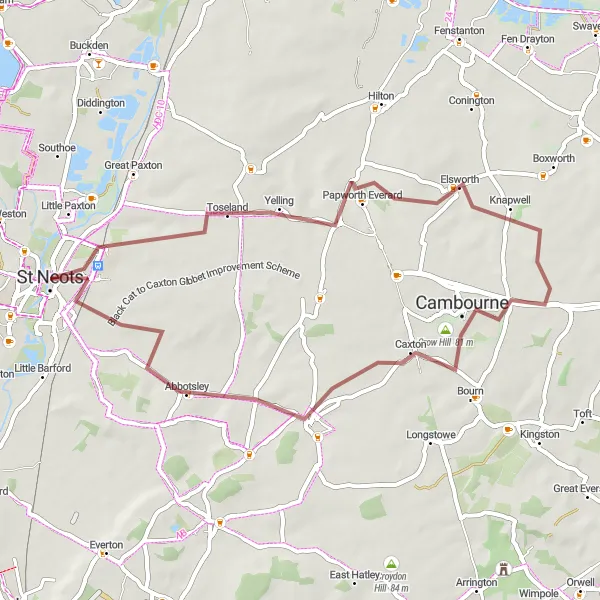 Map miniature of "Gravel Adventure through Cambridgeshire" cycling inspiration in East Anglia, United Kingdom. Generated by Tarmacs.app cycling route planner