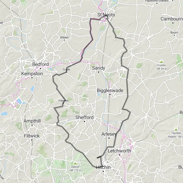 Map miniature of "Potton and Hitchin Loop" cycling inspiration in East Anglia, United Kingdom. Generated by Tarmacs.app cycling route planner