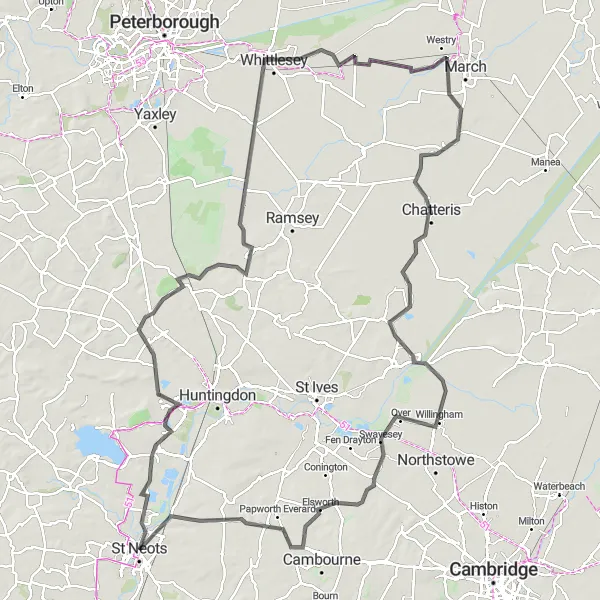 Map miniature of "Circular Tour from Saint Neots: Exploring the Fens" cycling inspiration in East Anglia, United Kingdom. Generated by Tarmacs.app cycling route planner