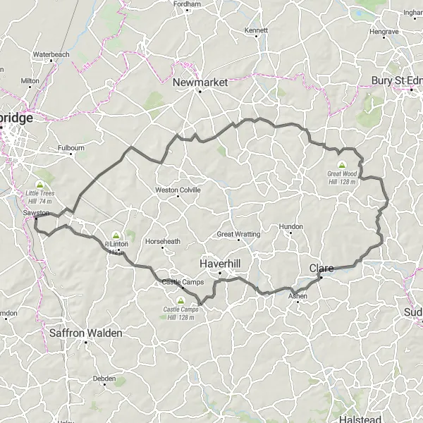 Map miniature of "Historical Landmarks and Rolling Countryside" cycling inspiration in East Anglia, United Kingdom. Generated by Tarmacs.app cycling route planner