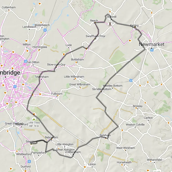 Map miniature of "Scenic Loop through Cambridge Countryside" cycling inspiration in East Anglia, United Kingdom. Generated by Tarmacs.app cycling route planner