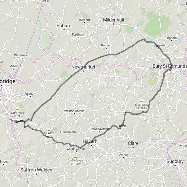 Map miniature of "Ancient Villages and Rolling Hills" cycling inspiration in East Anglia, United Kingdom. Generated by Tarmacs.app cycling route planner