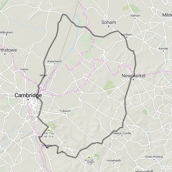 Map miniature of "Scenic Route Through Cambridgeshire" cycling inspiration in East Anglia, United Kingdom. Generated by Tarmacs.app cycling route planner