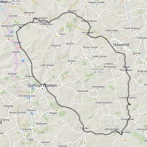 Map miniature of "Road to History and Beauty" cycling inspiration in East Anglia, United Kingdom. Generated by Tarmacs.app cycling route planner