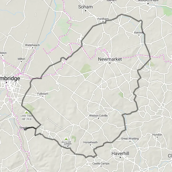 Map miniature of "Roads of Variety" cycling inspiration in East Anglia, United Kingdom. Generated by Tarmacs.app cycling route planner