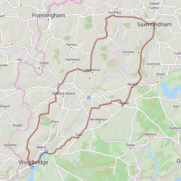 Map miniature of "Exploring Blaxhall and Eyke" cycling inspiration in East Anglia, United Kingdom. Generated by Tarmacs.app cycling route planner