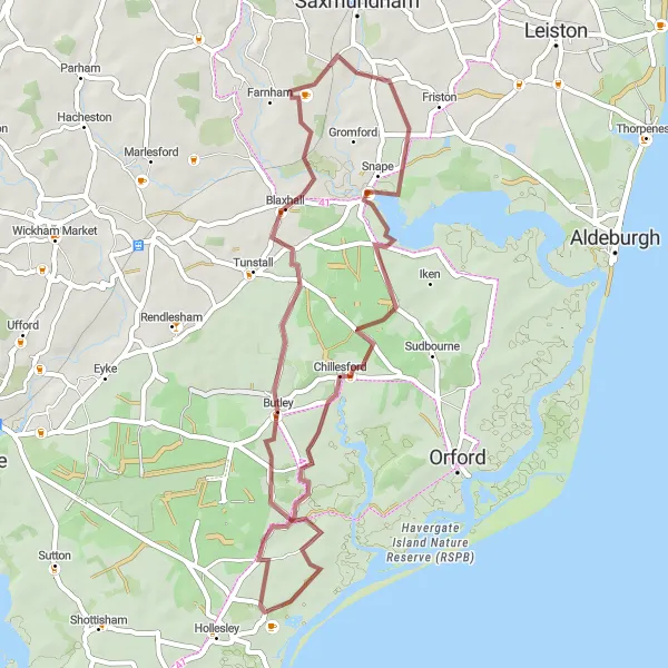Map miniature of "Suffolk Hills Adventure" cycling inspiration in East Anglia, United Kingdom. Generated by Tarmacs.app cycling route planner
