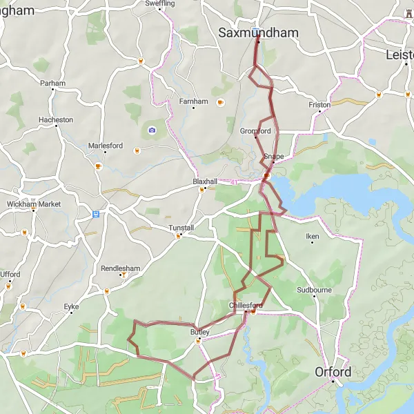 Map miniature of "Coastal Gravel Delight" cycling inspiration in East Anglia, United Kingdom. Generated by Tarmacs.app cycling route planner