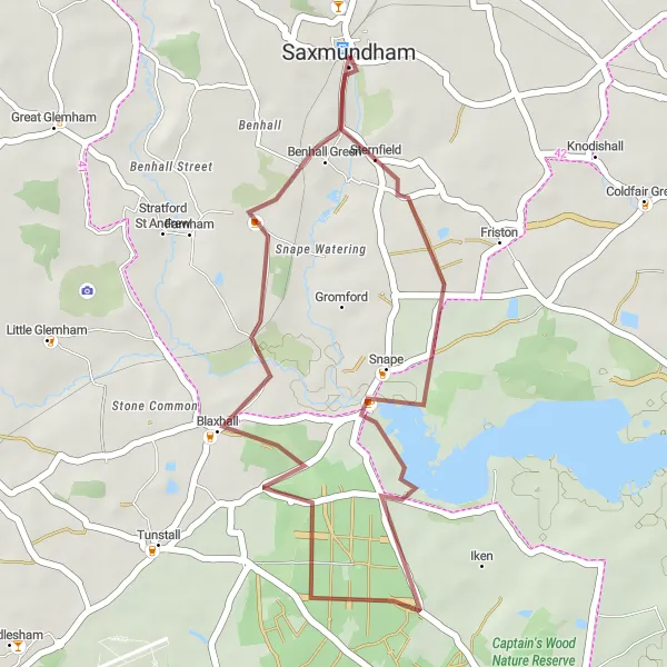 Map miniature of "From Saxmundham to Snape Maltings and Blaxhall" cycling inspiration in East Anglia, United Kingdom. Generated by Tarmacs.app cycling route planner