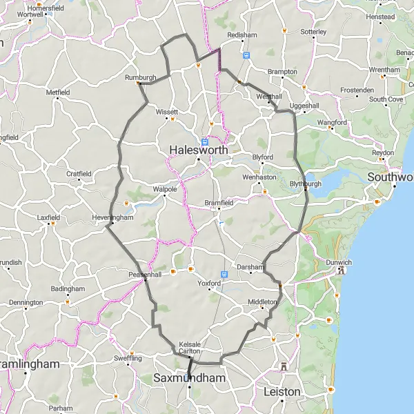 Map miniature of "Discovering Peasenhall and Westleton" cycling inspiration in East Anglia, United Kingdom. Generated by Tarmacs.app cycling route planner