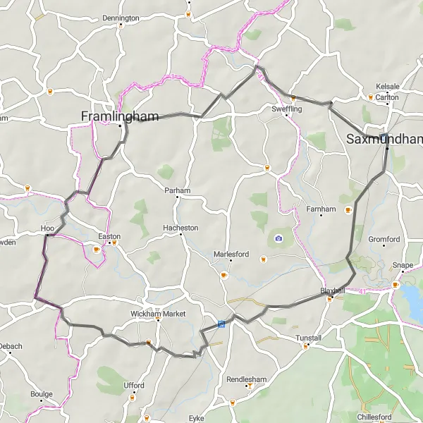 Map miniature of "Explore Rural Suffolk" cycling inspiration in East Anglia, United Kingdom. Generated by Tarmacs.app cycling route planner