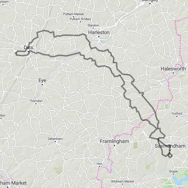 Map miniature of "Big Loop to Fressingfield and Rendham" cycling inspiration in East Anglia, United Kingdom. Generated by Tarmacs.app cycling route planner