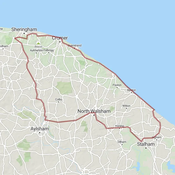 Map miniature of "The Gravel Gems" cycling inspiration in East Anglia, United Kingdom. Generated by Tarmacs.app cycling route planner