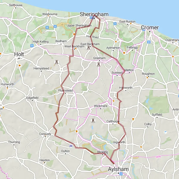 Map miniature of "Beeston Hills and Aylsham Gravel Route" cycling inspiration in East Anglia, United Kingdom. Generated by Tarmacs.app cycling route planner