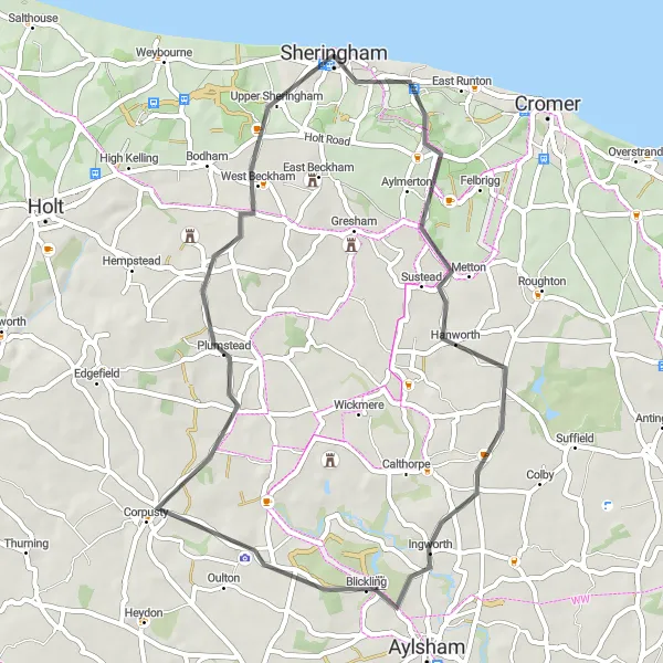 Map miniature of "The Norfolk Adventure" cycling inspiration in East Anglia, United Kingdom. Generated by Tarmacs.app cycling route planner