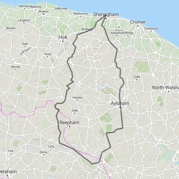 Map miniature of "Norfolk Hills Challenge" cycling inspiration in East Anglia, United Kingdom. Generated by Tarmacs.app cycling route planner