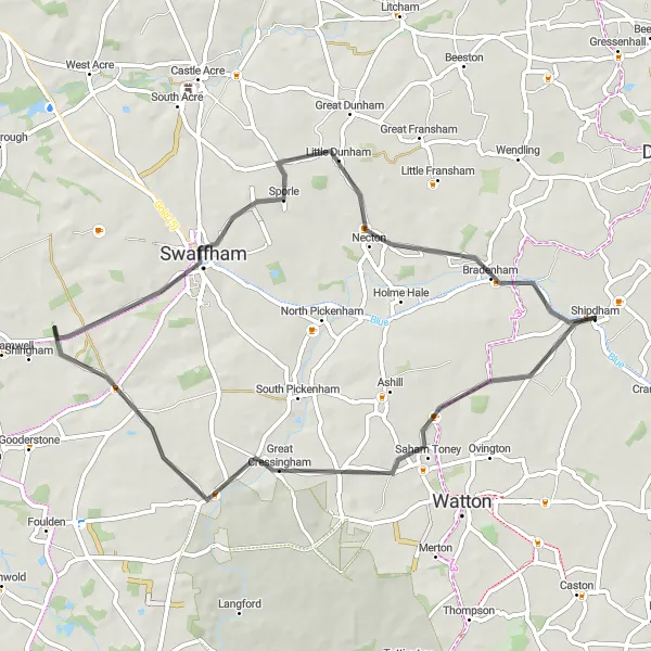 Map miniature of "Shipdham to Cockley Cley and Bradenham Road Cycling Route" cycling inspiration in East Anglia, United Kingdom. Generated by Tarmacs.app cycling route planner