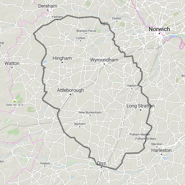 Map miniature of "Shipdham to Hethersett, Tasburgh, Scole, Quidenham, and Cranworth Road Cycling Route" cycling inspiration in East Anglia, United Kingdom. Generated by Tarmacs.app cycling route planner
