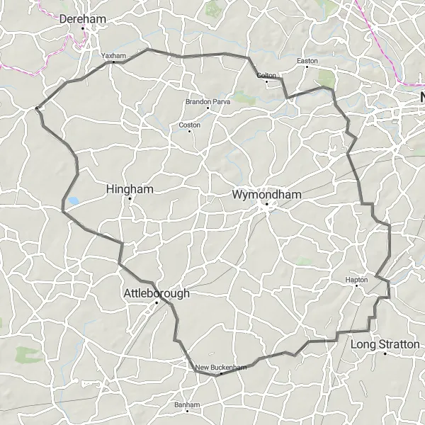 Map miniature of "Shipdham to Little Melton Round Trip" cycling inspiration in East Anglia, United Kingdom. Generated by Tarmacs.app cycling route planner
