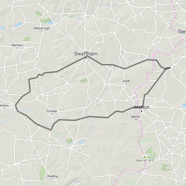 Map miniature of "Shipdham – Little Cressingham – Northwold – Shingham – Swaffham – Holme Hale Loop" cycling inspiration in East Anglia, United Kingdom. Generated by Tarmacs.app cycling route planner