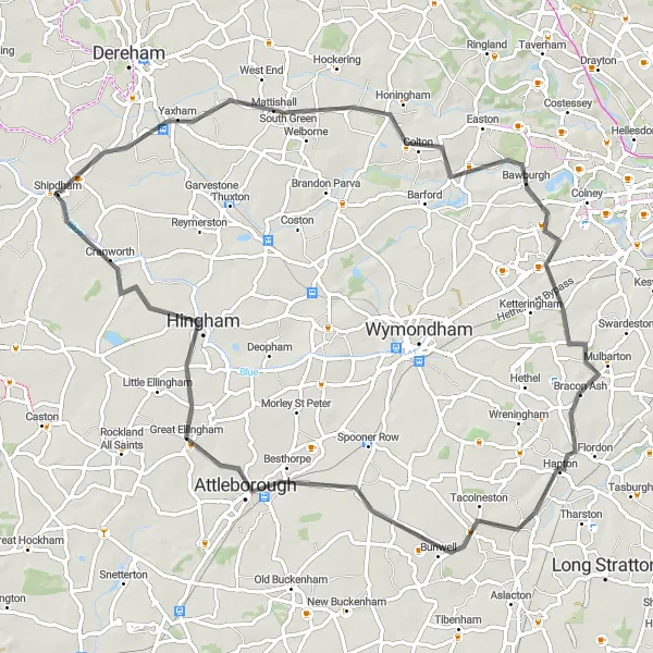 Map miniature of "Shipdham – Little Melton – Bunwell – Attleborough – Cranworth Loop" cycling inspiration in East Anglia, United Kingdom. Generated by Tarmacs.app cycling route planner
