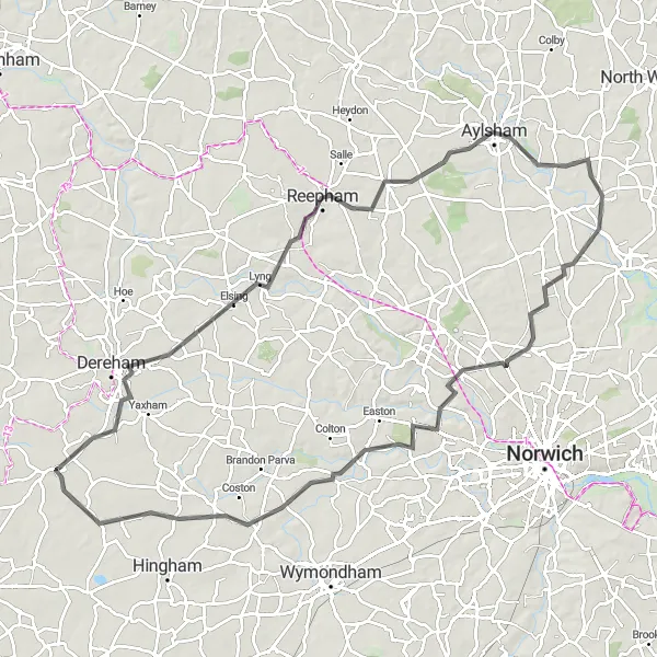 Map miniature of "Shipdham to Elsing Round Trip" cycling inspiration in East Anglia, United Kingdom. Generated by Tarmacs.app cycling route planner