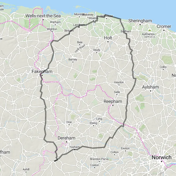 Map miniature of "Shipdham – Scarning – Colkirk – Great Snoring – Cley next the Sea – Attlebridge Loop" cycling inspiration in East Anglia, United Kingdom. Generated by Tarmacs.app cycling route planner