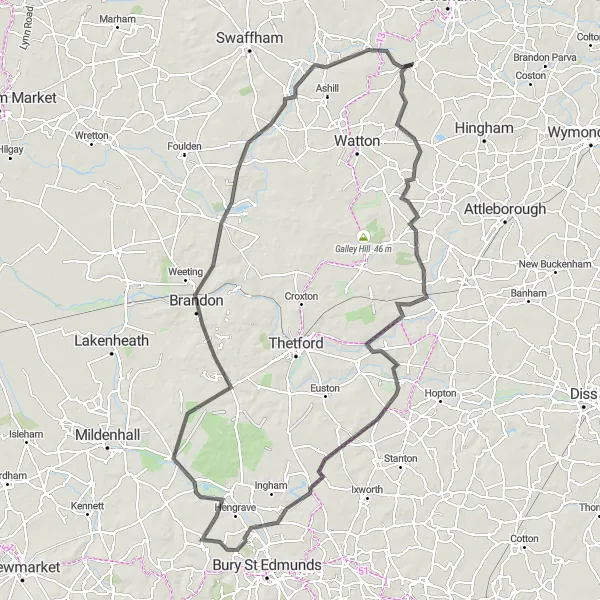 Map miniature of "Shipdham – Carbrooke – Stow Bedon – Larling – Sapiston – Fornham All Saints – Flempton – Brandon – Bradenham Loop" cycling inspiration in East Anglia, United Kingdom. Generated by Tarmacs.app cycling route planner