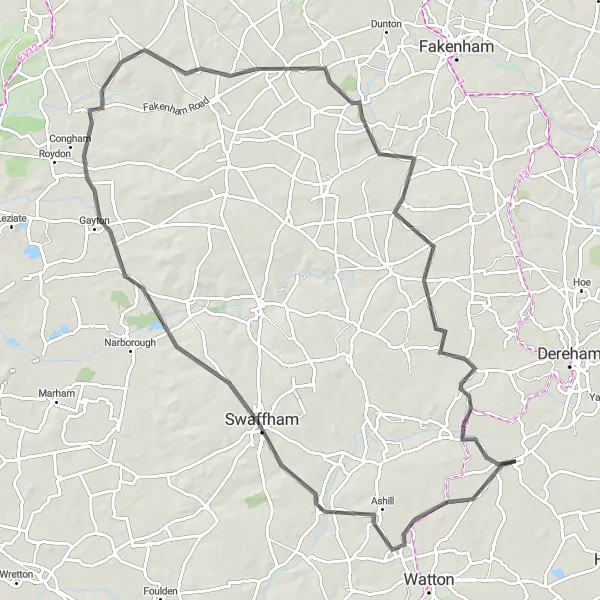 Map miniature of "Shipdham – Gayton – East Rudham – Mileham Loop" cycling inspiration in East Anglia, United Kingdom. Generated by Tarmacs.app cycling route planner