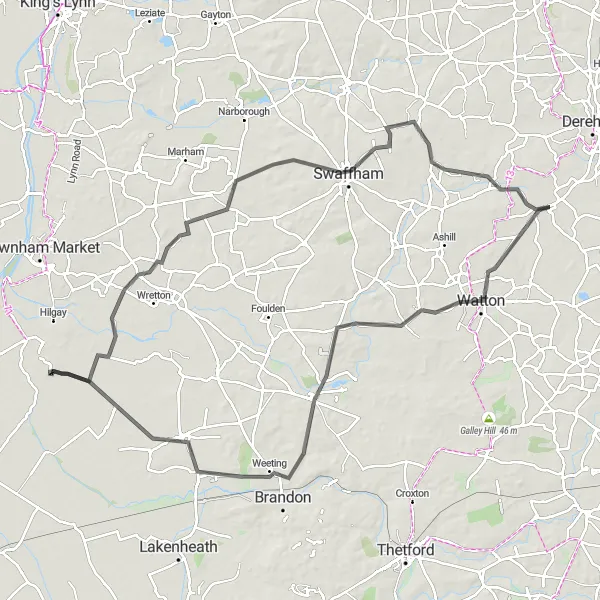 Map miniature of "Shipdham to Little Cressingham Round Trip" cycling inspiration in East Anglia, United Kingdom. Generated by Tarmacs.app cycling route planner
