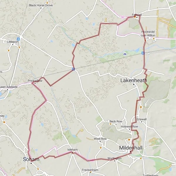 Map miniature of "Prickwillow and Holywell Row Gravel Loop" cycling inspiration in East Anglia, United Kingdom. Generated by Tarmacs.app cycling route planner